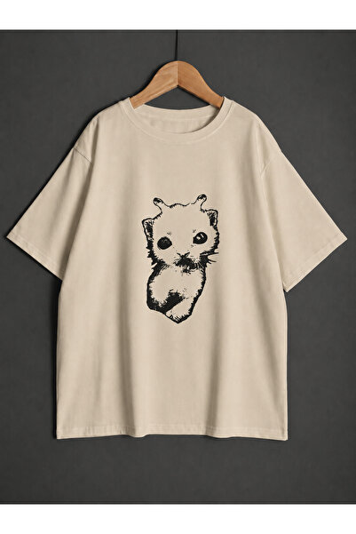 ZİYMO Unisex Y2K Alien Cat Printed Oversized T-Shirt