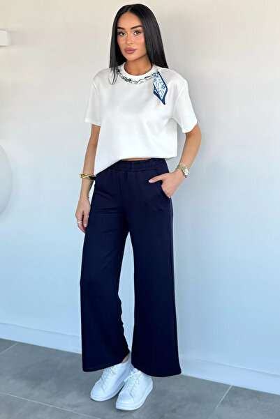 Aryena Navy Blue Gülseli Women's Collared Scarf T-Shirt and Pants Two-Piece Set
