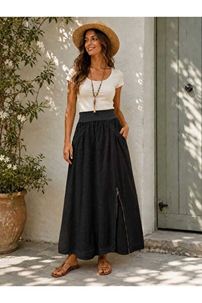 Butik Şans Women's Zipper Detailed Elastic Waist Italian Linen Skirt with Poc...
