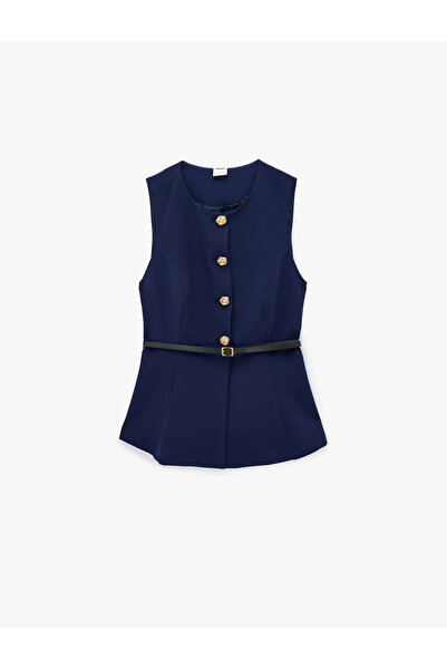 Koton Slim Fit Bisiklet Yaka Kemerli Peplum Yelek