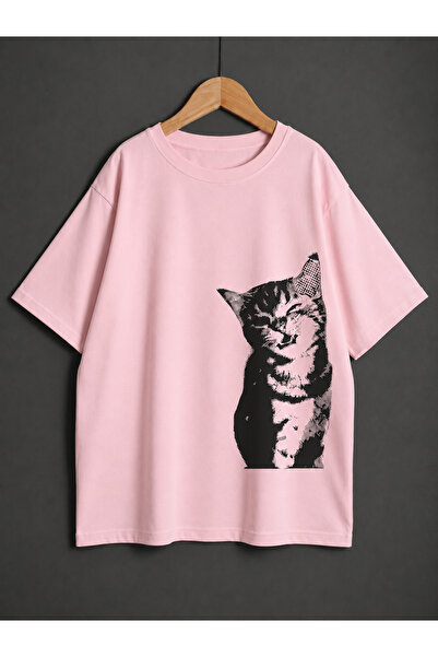 ZİYMO Women's Y2K Cat Printed Oversized T-Shirt