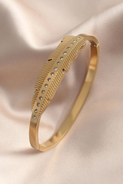 ARMÜZ Gold Color Leaf Model Zircon Stone Detail Handcuff Women's Bracelet