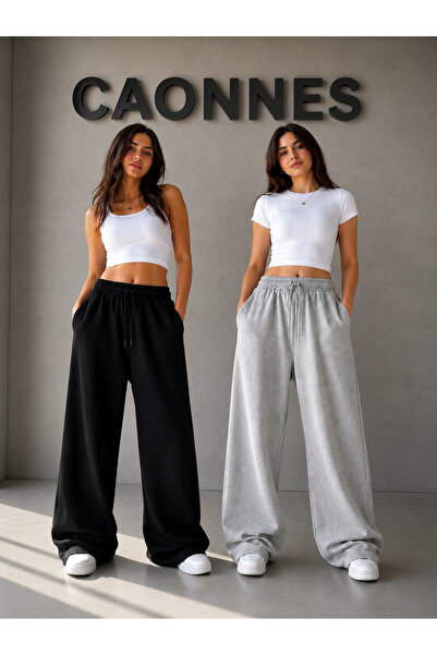 CAONNES 2-Piece Women's Sweatpants (Black-Grey) Oversize Baggy Loose Legs