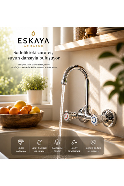 ESHOME Krom Eviye Bataryası Duvar tipi Mutfak Musluğu Klasik banyo lavabo bataryası Sıcak Soguk