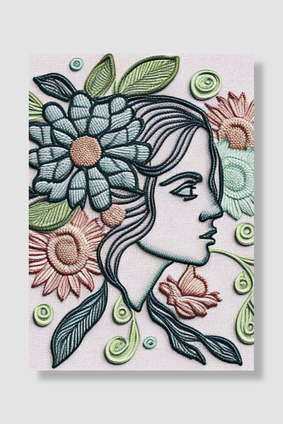 Luna Marissa Poster minimalist pentru femei, stil broderie, profil, flori alb...