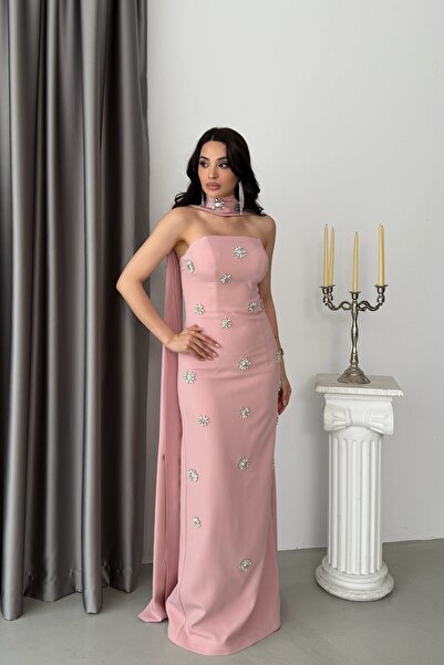 Serica Moda Pudra Straplez Çiçek Taş İşlemeli Şal Detaylı Uzun Abiye Elbise