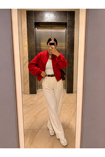 Labien Butik Kaşe Bomber Ceket - Kırmızı