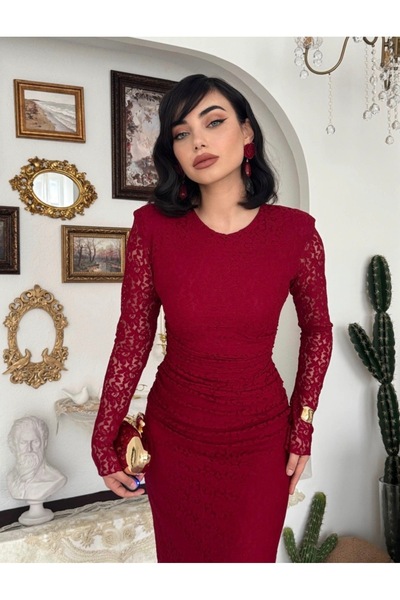 Dilek Vardar Rochie lungă drapată cu mâneci lungi din dantelă, de damă, roșu ...