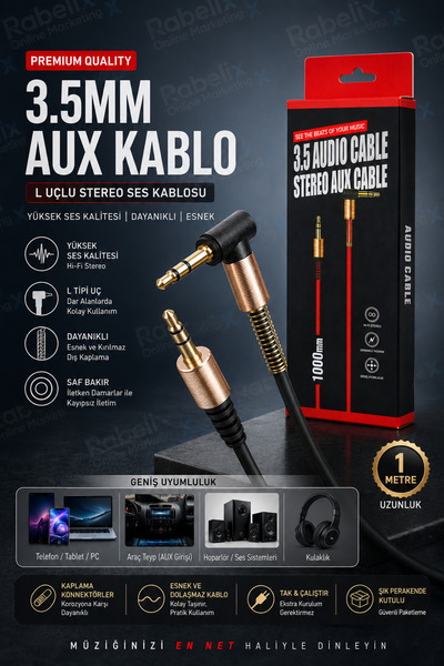 Rabelix Online Marketing 3.5mm Aux Cable 1 Meter L-Tipped Stereo Male to Male...