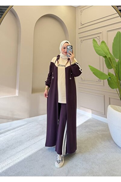 moda4b Women's 3-Piece Hooded Long Cardigan Two-Thread Hijab Tracksuit Set N-...