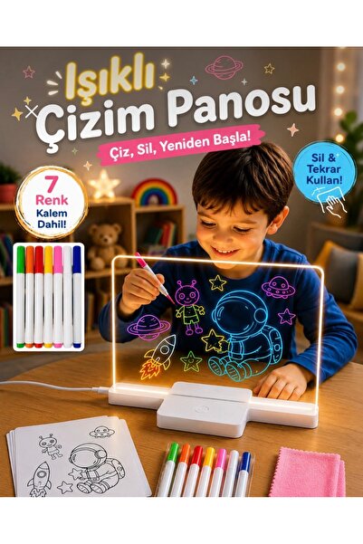 AKDAG HOME Büyük boy 20*30 Cm Led Işıklı Çizim Tahtası 7 Kalem Hediyeli