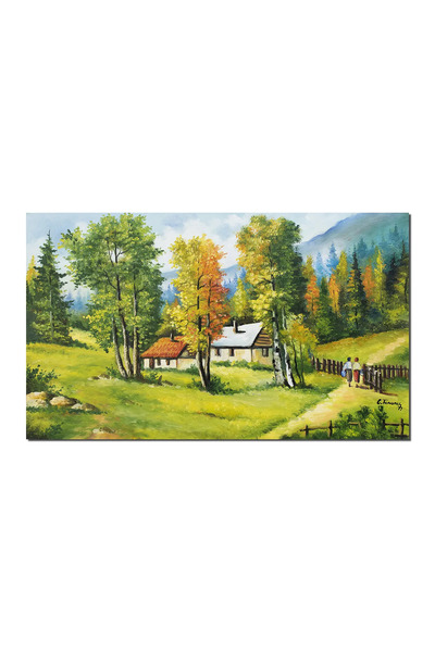 artnova Tablou peisaj de la munte cu case taranesti pictat manual, Pe-un pici...
