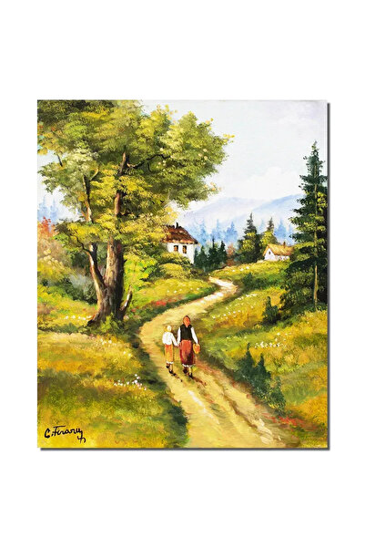 artnova Tablou peisaj pictat manual, Amintiri din copilarie, la bunci, 60x50c...