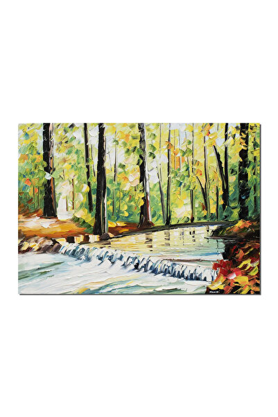 artnova Tablou peisaj din padure cu parau pictat manual, Colt de rai, 70x50cm...
