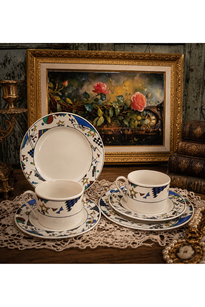 EVVEL ZAMAN ANTİK Vintage Porselen 6 Parça Çay Fincanı Takımı – Geometrik Des...