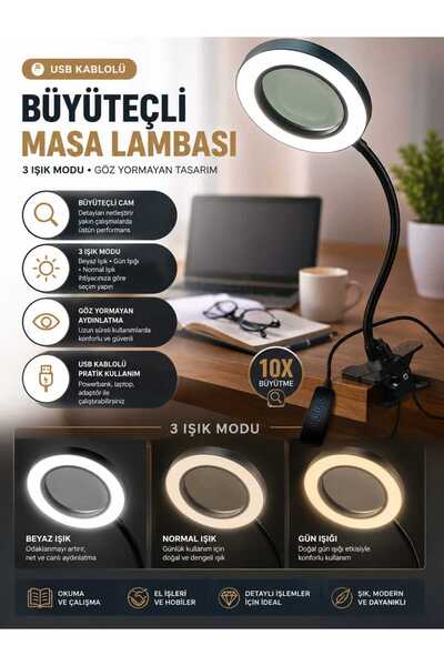 gaman c48 3 Farklı Işık Rengi USB Gİrişli Büyüteçli Masa Lambası - Kablosu Şe...