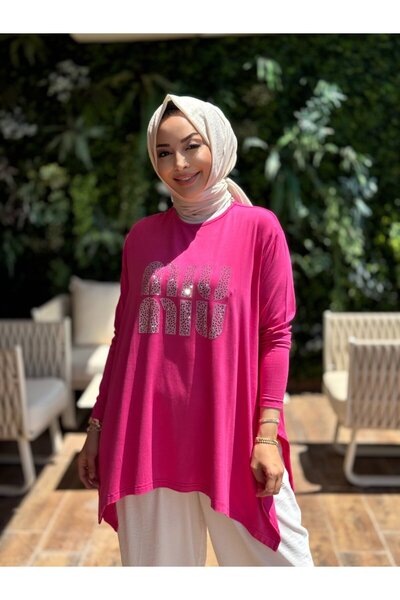 ALANURMODA 24277 Önü Taş Yazılı Tunik Fuşya
