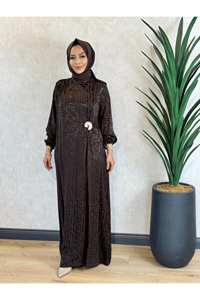 Aişe modaa 3725 Self-Geometric Patterned Dress Brown