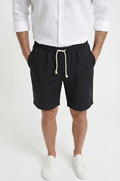Sizce Men's Black Muslin Linen Shorts 100% Cotton Full Fit with Back Pockets