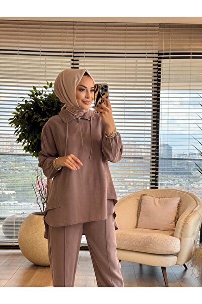 Afili 4300 طقم تينسل بياقة مزركشة وسحاب أمامي من فرو المنك