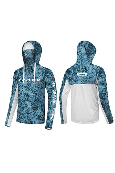 RYUJI UV HOODIE SHIRT+NECK, BLUE REEF