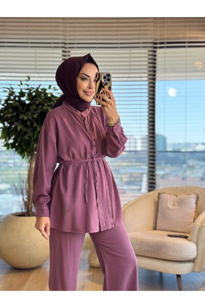 ALANURMODA 7526 طقم جينز بدون ياقة مع خياطة مطوية من الأمام بلون البرقوق