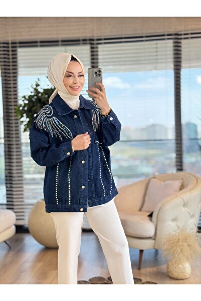 Yasemen 9191 Front Pearl and Stone Embroidered Denim Jacket Navy Blue