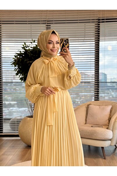 ALANURMODA 25139 Chiffon Skirt Pleated Collar Tie Dress Yellow