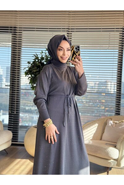 ALANURMODA 25196 Stone Detailed Knitwear Dress Anthracite
