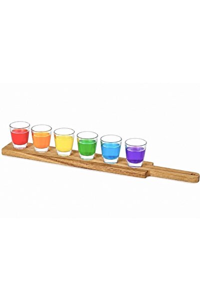PUFO Set de 6 pahare de shot de 30 ml cu suport din lemn de salcâm, tavă de s...