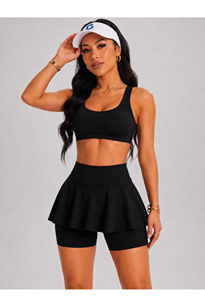 MAROVOAY Women's High Waist Inner Leggings Mini Sport Skirt-Crop 2 Piece Set