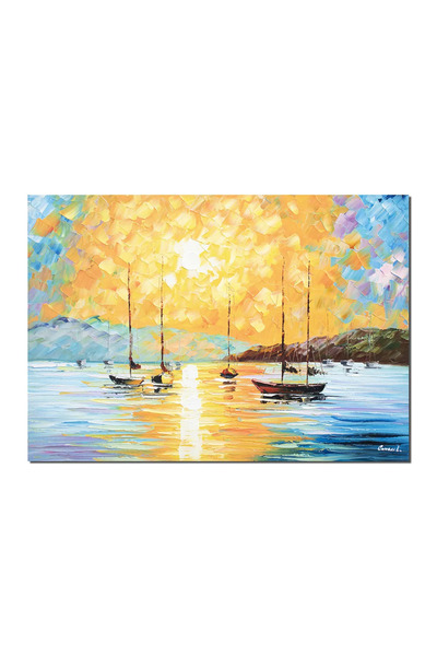 artnova Tablou rasarit de soare cu veliere pictat manual, 70x50cm ulei pe pan...