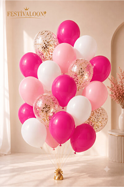 FESTİVALOON Fuşya Pembe Beyaz Gold Konfetili Balon Seti 20’li 11 İnç Doğum Gü...