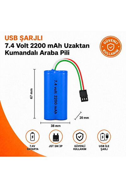 MAMSHOP 1 Adet 7.4v 2200 Mah 18650 Li-ion JSTSM 3P Siyah 3 pinli Soketli Oyun...
