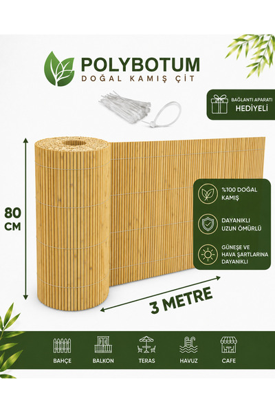 POLYBOTUM Premium Doğal Kamış Hasır Balkon Çiti 80x300 cm | Sık Dokuma | Daya...