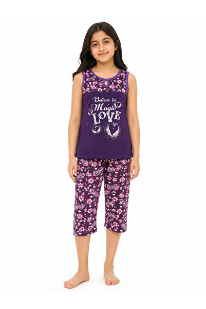 Generic Girls Cotton Sleeveless Floral Pattern Navy Blue Pajama Set