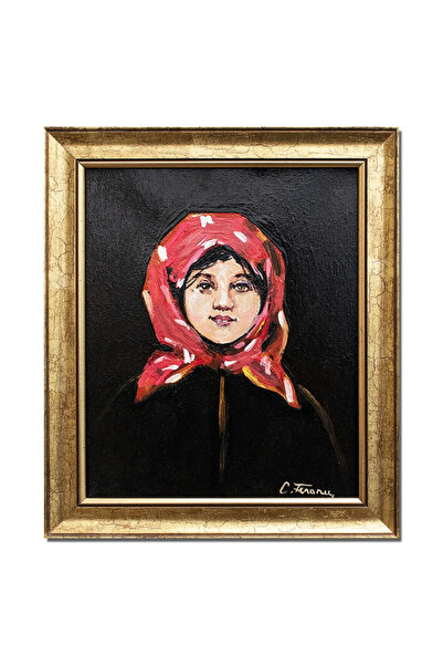 artnova Tablou celebu pictat manual inramat, Portret de tarancuta cu basma ro...