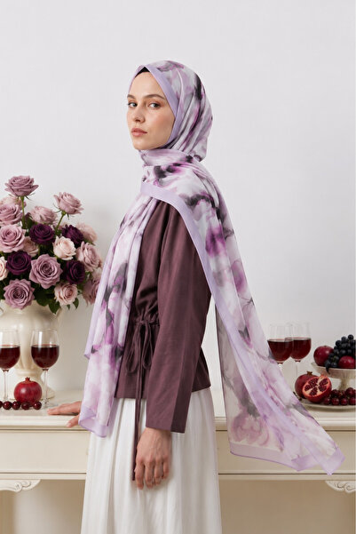 BONASERA EŞARP Luxurious French Silk Shawl with Powder and Burgundy Floral Pa...