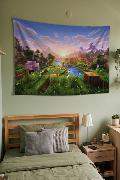Milura Minecraft Duvar Örtüsü – Modern Dekoratif Kaliteli Kumaş Tapestry Duva...