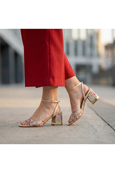 Letafia Valley Ethnic Pattern Glittery Ankle Strap Gold Detailed Thick Heeled...