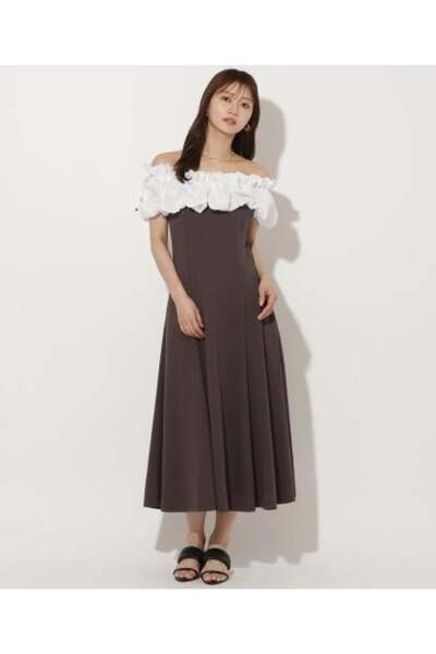 unbranded Women's Brown Off-Shoulder Midi Dress with White Ruffle Detail