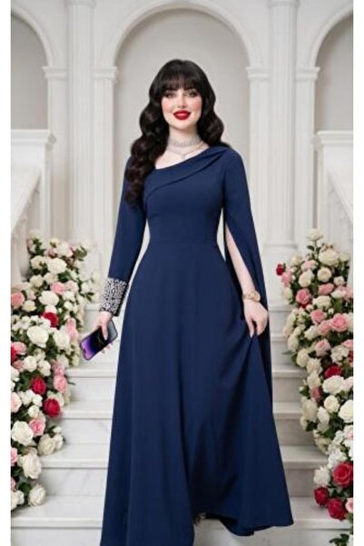 vela Luxury Navy Blue Evening Dress with Asymmetrical Collar and Embroidered ...