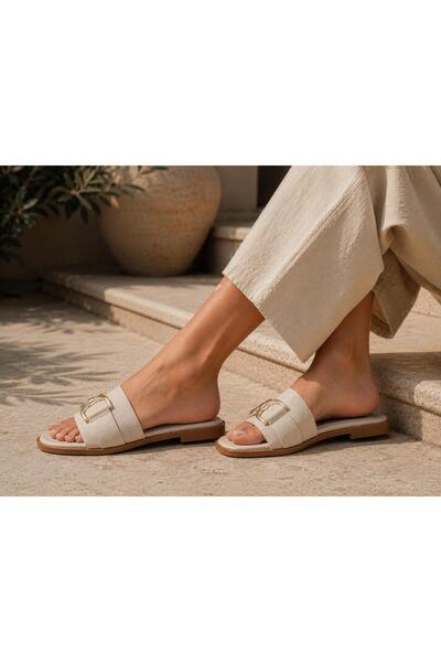 Platana Women's Beige Gold Buckle Suede Slippers - Casual Comfortable Flat Sole Summer Slippers
