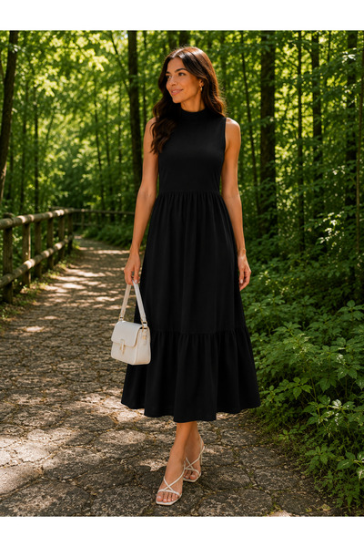 DEEP FAIR Women's Stand Collar Sleeveless Midi Dress with Flounce Detail Cm26...