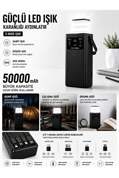 kawigo 50000mAh Powerbank Dahili Kablolu 22.5W Hızlı Şarj Taşınabilir Kamp Lambalı Powerbank LED Fener Type-C PD Power Bank Tüm Modellerle Uyumlu Powerbank