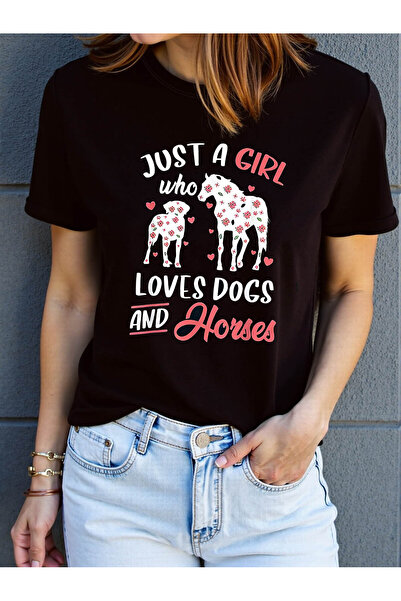 Ekim11 قميص نسائي مطبوع عليه عبارة "Just A Who Loves Dogs And Horses" بأكمام ...