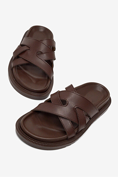 Tonny Black Women's Brown Skin Comfortable Fit Soft Sole Cross-Striped Slippers