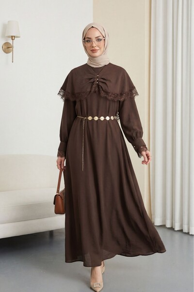 Modamorfo Lace Detailed Cape Belted Lined Imported Ibiza Dress -Brown