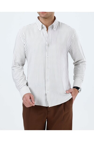 TerziAdemAltun Slim Fit Stand Collar Safari Buttoned Lycra Seersucker Striped...