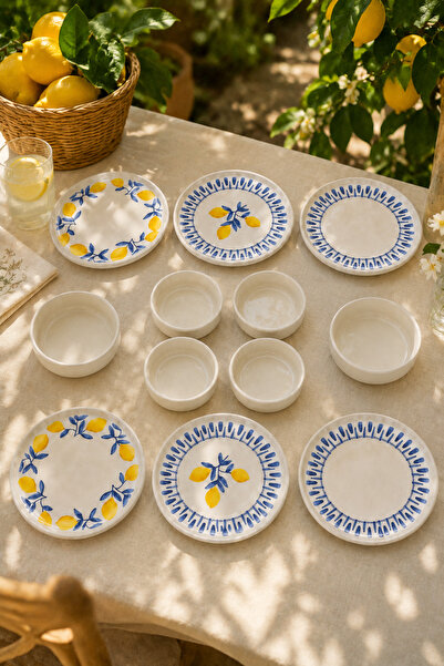 Papart Mavi Limon 12 Parça 6 Kişilik Handmade Stackable Seramik Tabak Seti Pr...